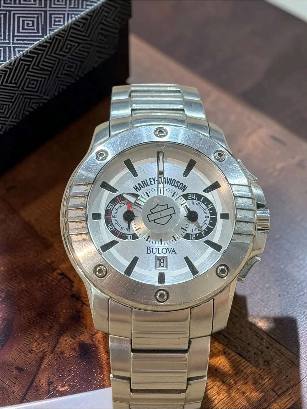 Rare 2009 Harley Davidson Bulova Chronograph Watch (Logo Rotates) Steel New Batt